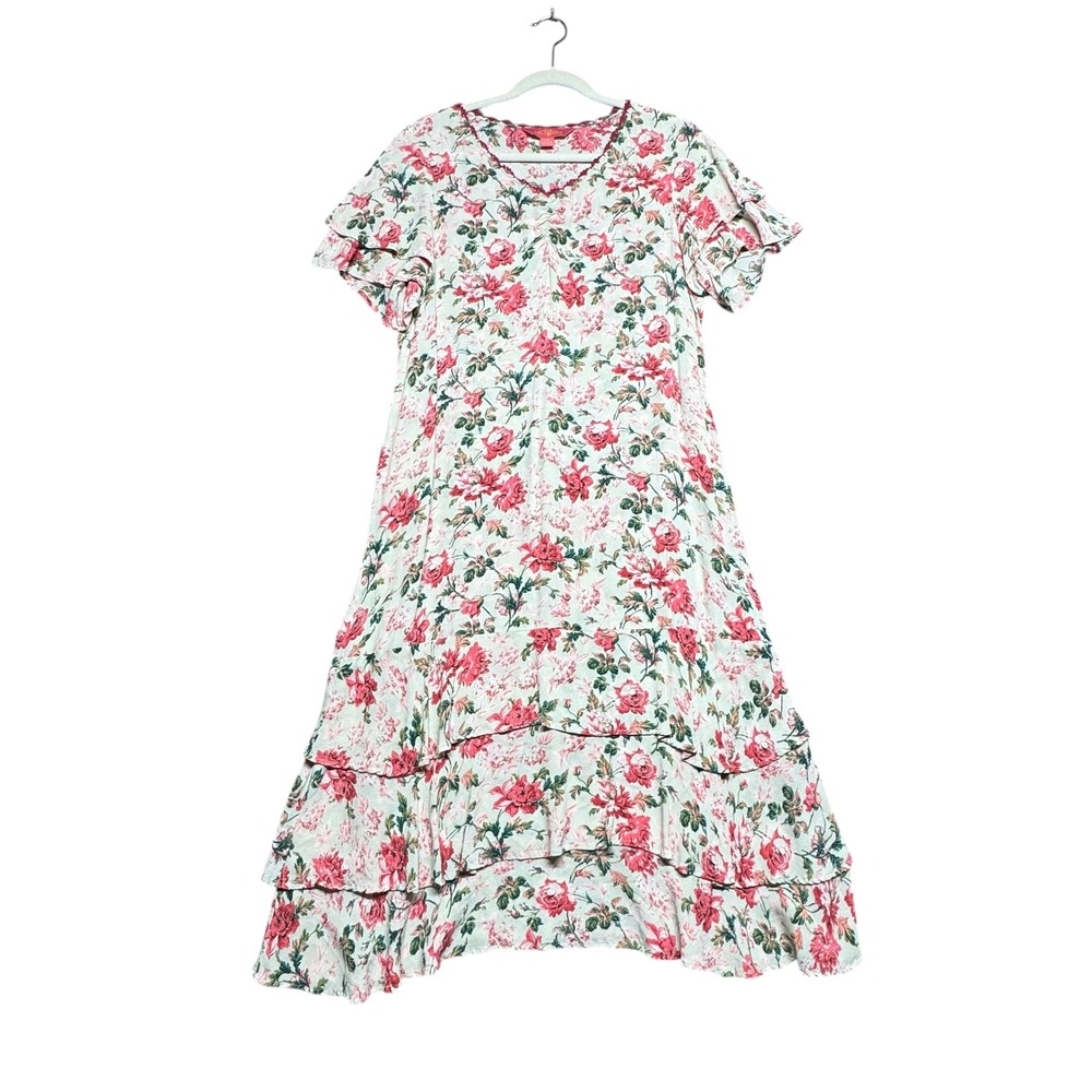 April Cornell Floral Tiered Midi Dress Belted Ruffles Cottagecore Garden Party